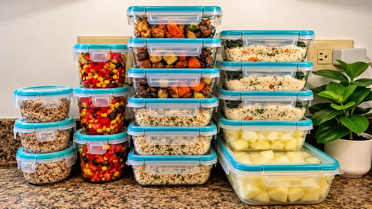 A full week of prepared meals stacked in containers