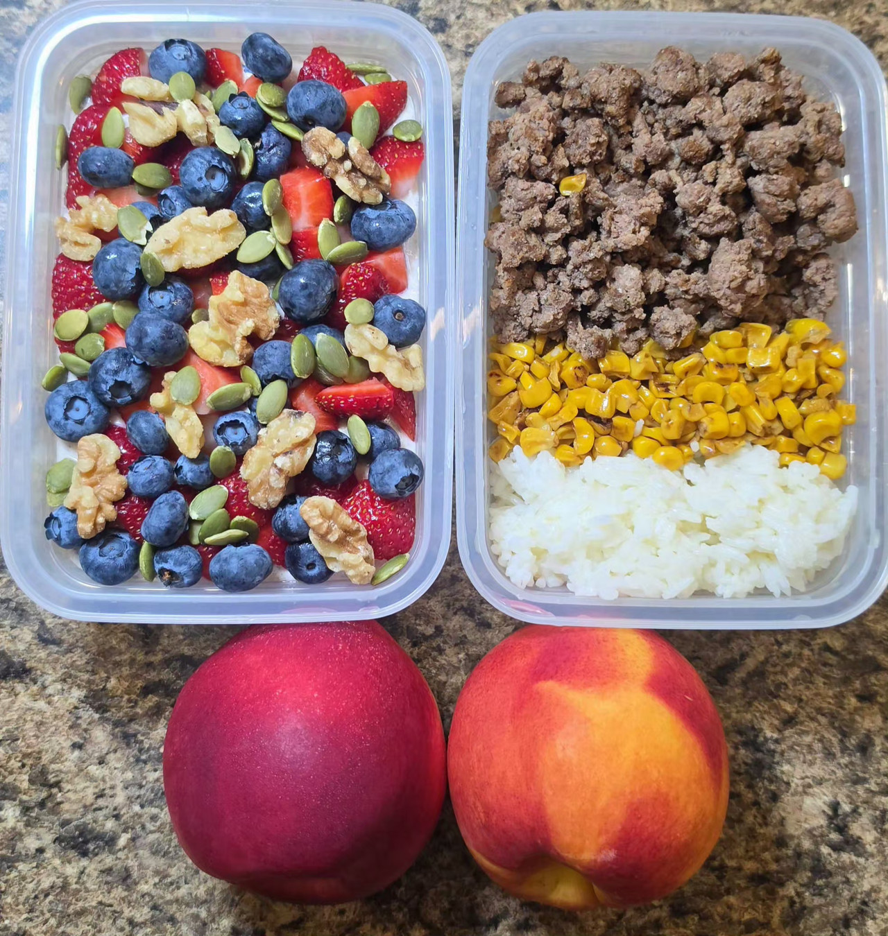 Berries, walnuts and pumpkin seeds beside a beef, corn and rice bowl
