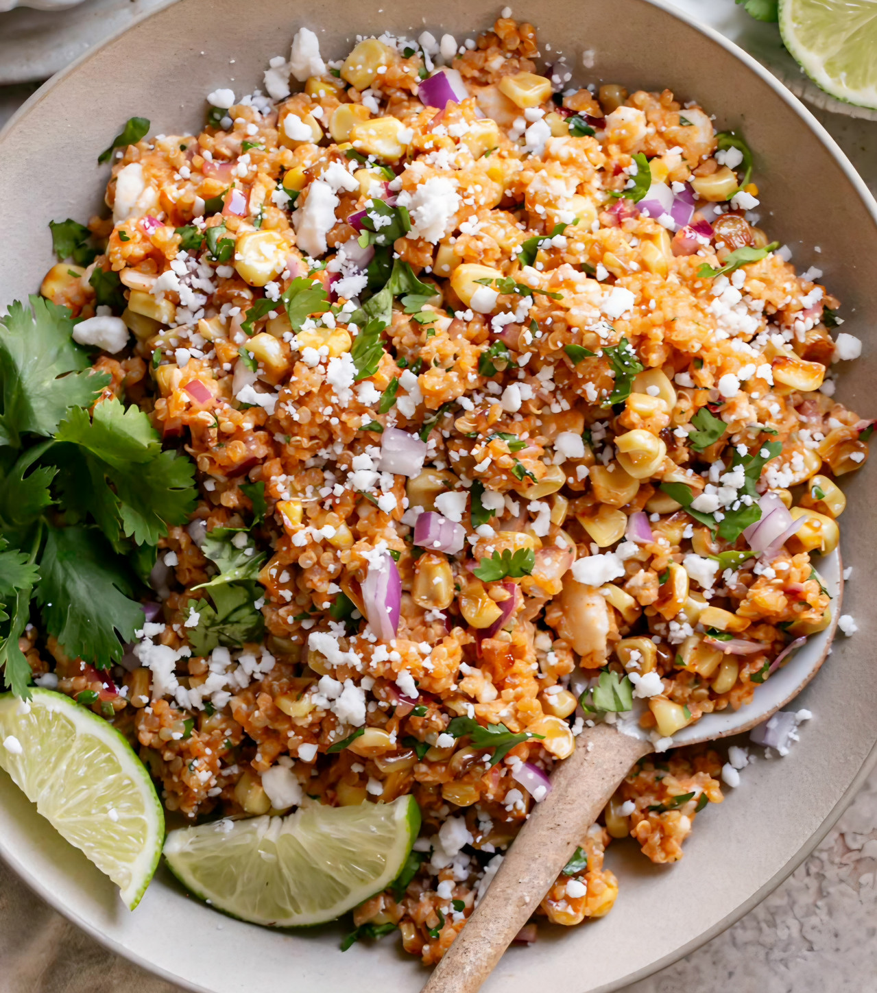Quinoa and roasted corn salad with cilantro, lime and cheese