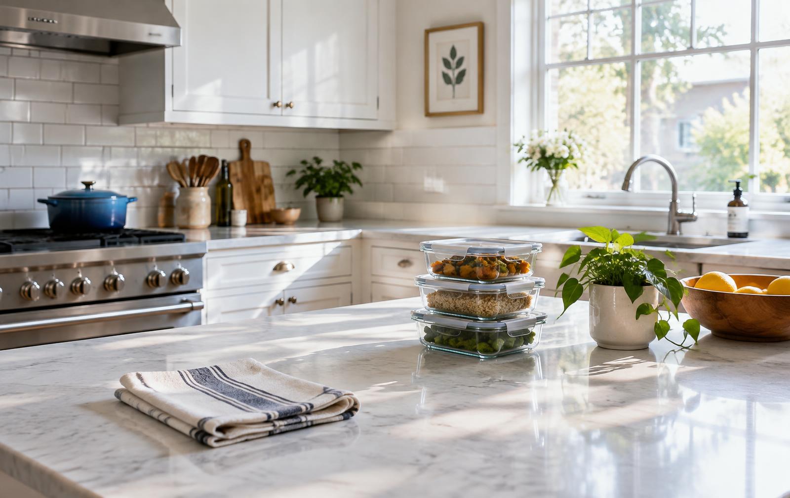 A clean kitchen with portioned meals stacked on the counter