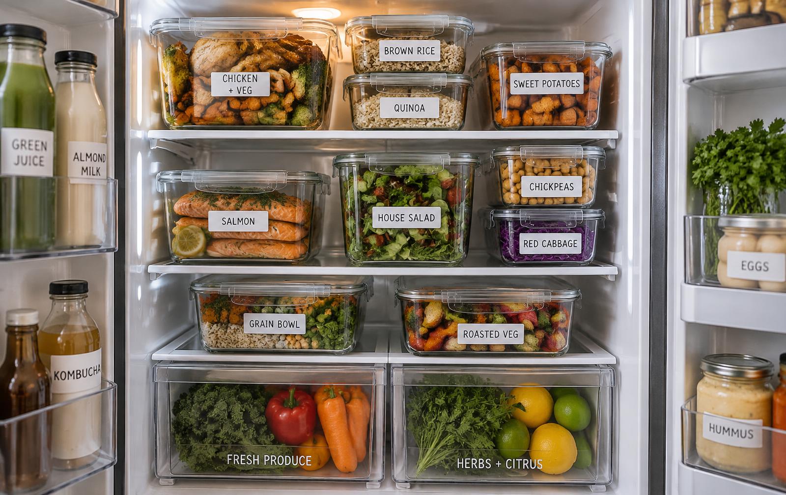 A fridge filled with neatly portioned, labelled homemade meals