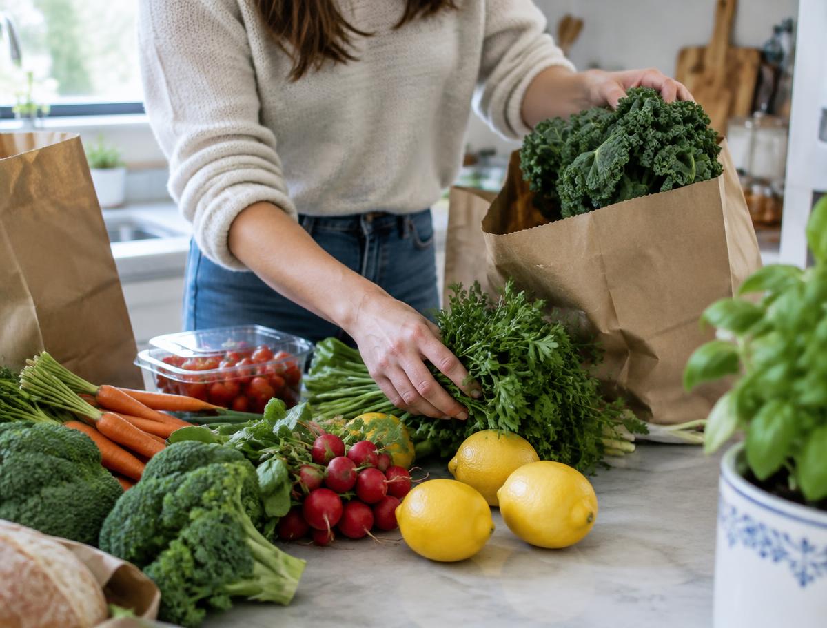 Fresh groceries being unpacked on a kitchen counter